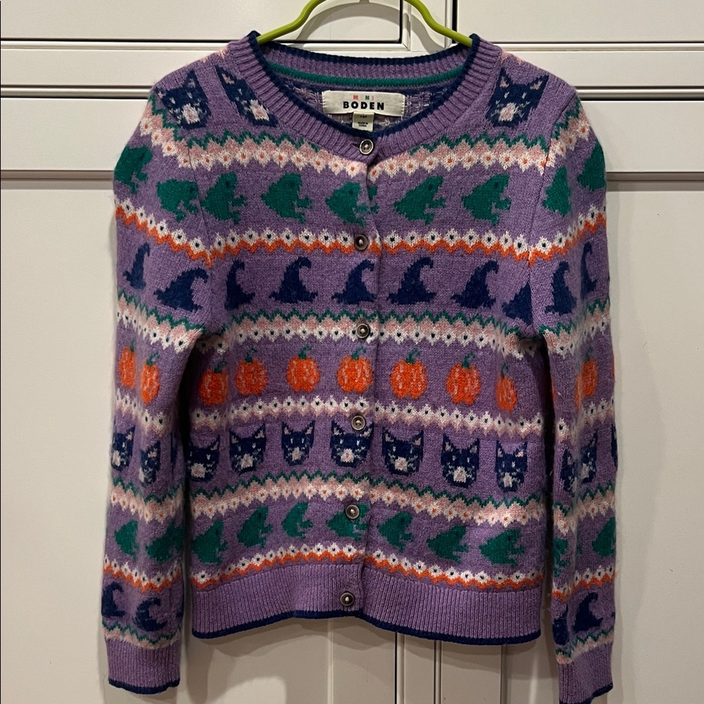 Mini Boden Girl’s Purple Halloween Sweater with Cat and Pumpkin Motif